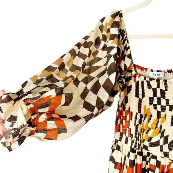 Fate Printed Pocketed Smocked Midi Dress Brown Multi Puffy Sleeves Square Neck M - Picture 12 of 16